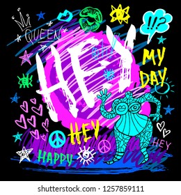 Hey Lettering T Shirt Design, Poster, Print, Funny, Girl, Tee Shirt Graphics, Trendy, Dry Brush Stroke, Marker, Color Pen, Ink, Neon. May Day Queen Type Slogan Hearts Stars. Hand Drawn Vector