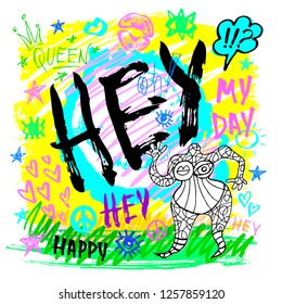 Hey Lettering T Shirt Design, Poster, Print, Funny, Girl, Tee Shirt Graphics, Trendy, Dry Brush Stroke, Marker, Color Pen, Ink, Neon. May Day Queen Type Slogan Hearts Stars. Hand Drawn Vector