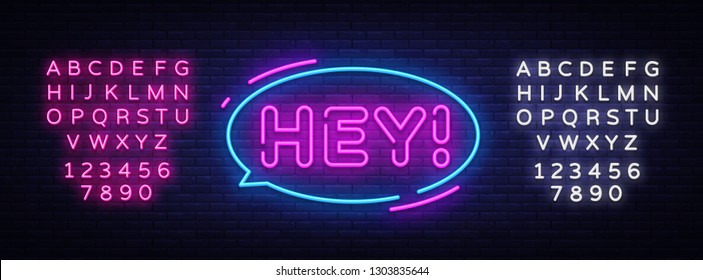 Hey neon text vector design template. Hey sticker neon, light banner design element colorful modern design trend, night bright advertising, bright sign. Vector illustration. Editing text neon sign