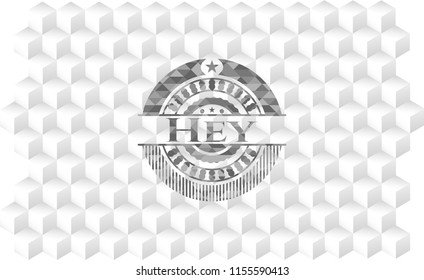 Hey realistic grey emblem with cube white background