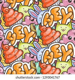 Hey. Seamless vector pattern with cute cartoon monsters and beasts. Nice for packaging, wrapping paper, coloring pages, wallpaper, fabric, fashion, home decor, prints etc. Vector illustration