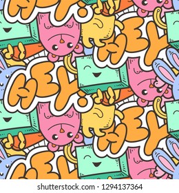 Hey. Seamless vector pattern with cute cartoon monsters and beasts. Nice for packaging, wrapping paper, coloring pages, wallpaper, fabric, fashion, home decor, prints etc. Vector illustration