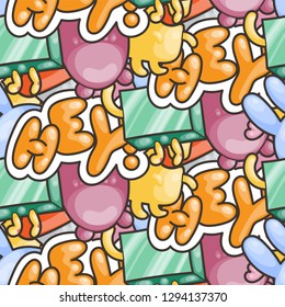 Hey. Seamless vector pattern with cute cartoon monsters and beasts. Nice for packaging, wrapping paper, coloring pages, wallpaper, fabric, fashion, home decor, prints etc. Vector illustration