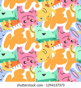 Hey. Seamless vector pattern with cute cartoon monsters and beasts. Nice for packaging, wrapping paper, coloring pages, wallpaper, fabric, fashion, home decor, prints etc. Vector illustration