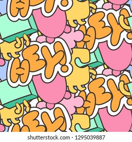 Hey. Seamless vector pattern with cute cartoon monsters and beasts. Nice for packaging, wrapping paper, coloring pages, wallpaper, fabric, fashion, home decor, prints etc. Vector illustration
