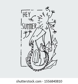 Hey summer. Cute cartoon dragon with dundellion, doodle childish vector illustration.