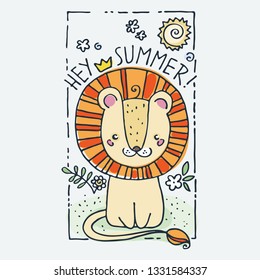 Hey summer. Cute little animal with lettering. Cartoon hand drawn vector illustration. Nice for baby t-shirt print, greeting and invitation card, fashion print design, kids wear, baby shower
