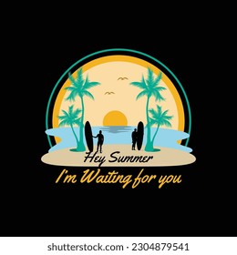 Hey summer text with the surfer silhouette vector illustration. For t-shirt print and other uses.