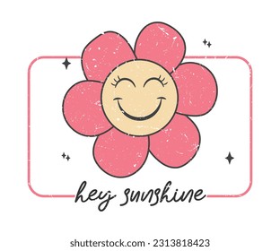 Hey Sunshine, summer Vacation vector design with Cute cartoon face red and yellow Flower. Beautiful summer background design collection Can be print on Sticker, Mug, T-Shirt and so on