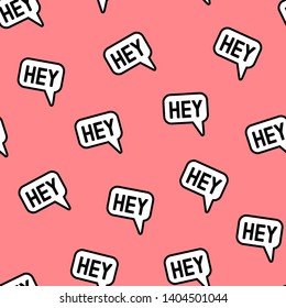 "Hey" text message seamless pattern. Cute speech bubble wallpaper. Peach-colored background. Vector wallpaper.