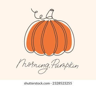 Hey there Pumpkin neutral card with one line art pumpkin and lettering. Modern fall holiday background vector illustration. Single line autumn decorative design for poster, print, banner, decor.