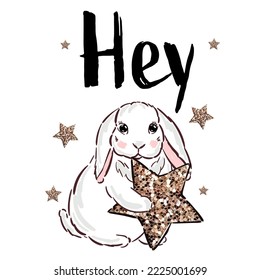 Hey. Vector cartoon sketch illustration with bunny girl fashion print. Trendy sticker with text and graphic design elements