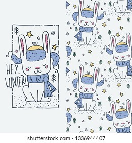 Hey, winter. Set of seamless cute childish pattern and doodle cut image with hand drawn cute animals. Creative doodle kids for fabric, wrapping, textile, wallpaper, prints, apparel. Vector illustratio