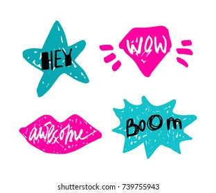 Hey, wow, boom, awesome. Hand drawn lettering with slogan and cartoon symbols. Vector illustration