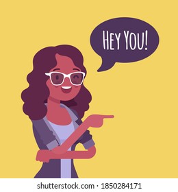 Hey you black businesswoman finger pointing to call, attract attention. Girl expressing interest, addressing in informal greeting to offer, provide information. Vector flat style cartoon illustration