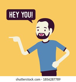 Hey you. Black man finger pointing to call, attract attention. Guy expressing interest, addressing in informal greeting to speak, offer, provide information. Vector creative stylized illustration