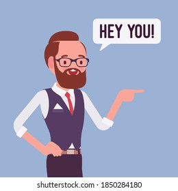 Hey you businessman finger pointing to call, attract attention. Man expressing interest, addressing in informal greeting to speak, offer, provide information. Vector flat style cartoon illustration