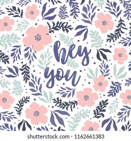 Hola, tarjeta de saludo vectorial o postal. Fondo floral bonito