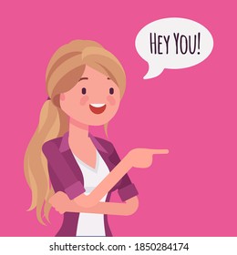 Hey you woman finger pointing to call, attract attention. Girl expressing interest, addressing in informal greeting to speak, offer, provide useful information. Vector flat style cartoon illustration