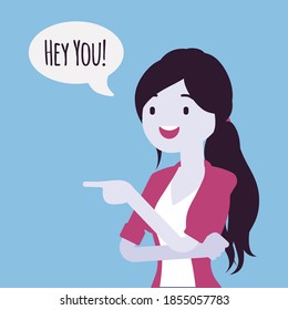 Hey you woman finger pointing to call, attract attention. Girl expressing interest, addressing in informal greeting to speak, offer, provide useful information. Vector creative stylized illustration