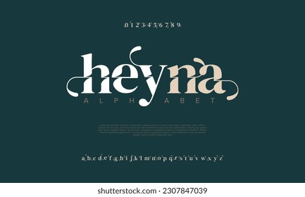 Heyna elegant alphabet letters font and number. Classic Lettering Minimal Fashion Designs. Typography modern serif fonts decorative vintage design concept. vector illustration