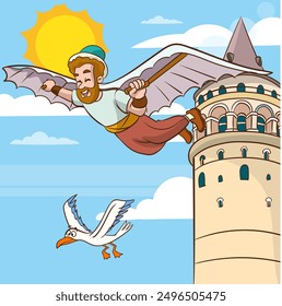 Hezarfen Ahmed Çelebi, the legendary Ottoman aviator of Istanbul.Flying from the Galata Tower