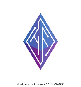 HF Initial letter block chain logo icon vector template. Looping mono line circuit letter on rhombus cube logo