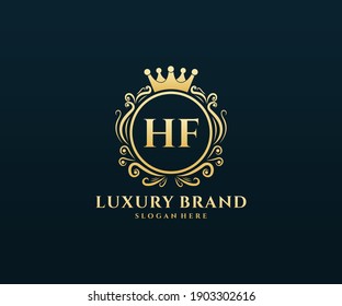 HF Initial Letter Gold calligraphic feminine floral hand drawn heraldic monogram antique vintage style luxury logo design.