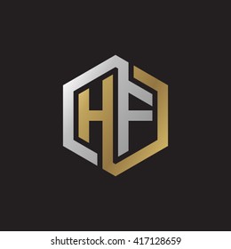 HF initial letters looping linked hexagon elegant logo golden silver black background