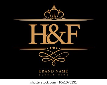 H&F Initial logo, Ampersand initial logo gold with crown and classic pattern
