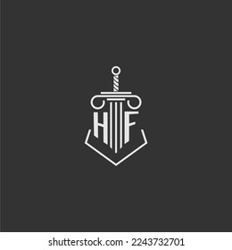 HF firma de ley de monograma inicial con diseño de logotipo de espada y pilar