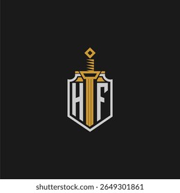 Monograma inicial de HF para imagem em estilo escudo e espada