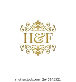 HF initials logo ornament gold. Letter HF wedding ampersand or business partner symbol