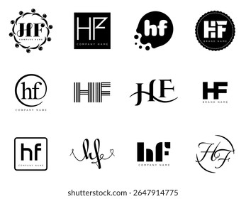 HF logo company template. Letter h and f logotype. Set different classic serif lettering and modern bold text with design elements. Initial font typography. Collection trendy business identity.