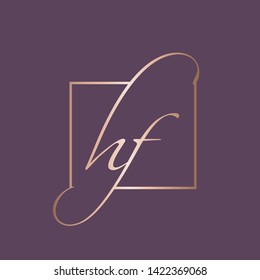 HF monogram.Typographic logo with calligraphic letter h and letter f.Lowercase lettering icon.Alphabet initials isolated on dark fund.Rose gold metallic shape in a frame.Elegant, beauty,luxury style.