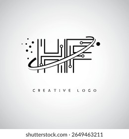 HF Orbit Monogram Logo – Futuristic Minimal Letter mark with Circular Line Art, Tech-Inspired Dots and Space Motion Concept for Modern Branding Identity