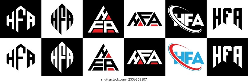 HFA-Brief-Logo-Design in sechs Stilen. HFA Polygon, Kreis, Dreieck, Hexagon, flacher und einfacher Stil mit schwarz-weißem Farbänderungslogo in einer Zeichenfläche. HFA minimalistisches und klassisches Logo