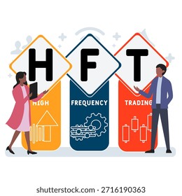 HFT - Acrónimo comercial de alta frecuencia. fondo de concepto de negocio. concepto de Ilustración vectorial con Palabras claves e íconos. ilustración de letras con íconos para Anuncio de Web, volante, aterrizaje
