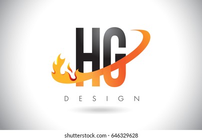 HG H G Letter Logo Design with Fire Flames and Orange Swoosh Vector Illustration.