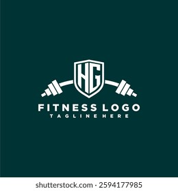 HG initial monogram for fitnes or gym logo with creative shield and barbell design
