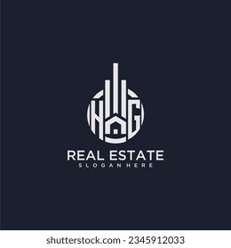 Logotipo de monograma inicial de HG para bienes raíces con diseño de círculo creativo vectorial