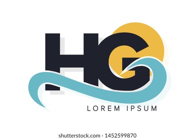 HG letter logo with ocean waves and sunset. Beach concept design