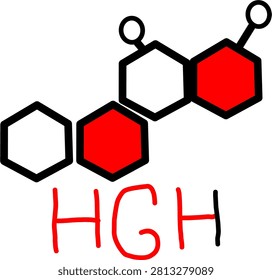 HGH hormone concept with stylized molecular structure. Minimal medical vector illustration for endocrinology, growth, science and healthcare.