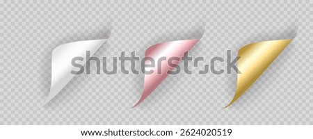 Hgh-quality vector  of a realistic page curl effect in white, pink, and gold tones. Ideal for branding, web design, and print materials. Easily customizable 