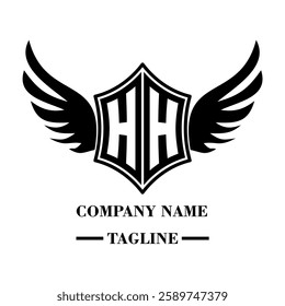 HH A bold winged shield emblem with customizable initials A-Z. Sleek black-and-white vector, perfect for branding, sports teams, motorcycle clubs, gaming,apparel and High-quality
