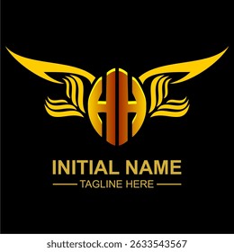 HH Golden Wing Emblem Logo with elegant gold wings, sleek and modern design. Ideal for branding, creative projects, luxury businesses, or artistic ventures.