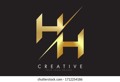 HH H Golden Letter Logo Design with a Creative Cut. Creative logo design with Black Background.