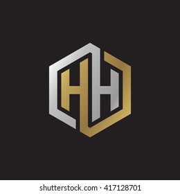 HH initial letters looping linked hexagon elegant logo golden silver black background