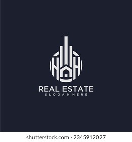 Logotipo de monograma inicial de HH para bienes raíces con diseño de círculo creativo vectorial
