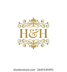 HH initials logo ornament gold. Letter HH wedding ampersand or business partner symbol